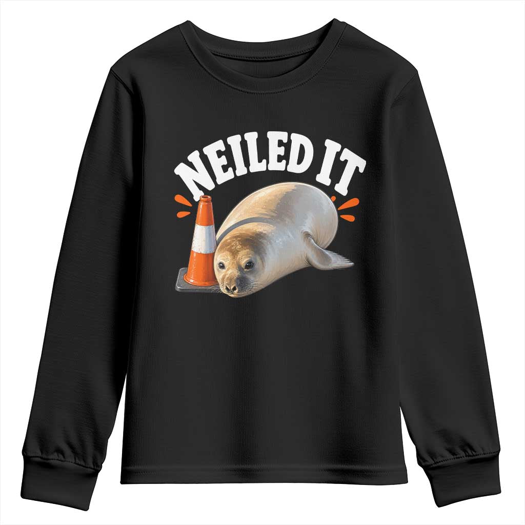 Neil The Seal Nailed It Youth Sweatshirt Funny Tasmania Elephant Seal Traffic Cone Meme Art TS11 Black Print Your Wear