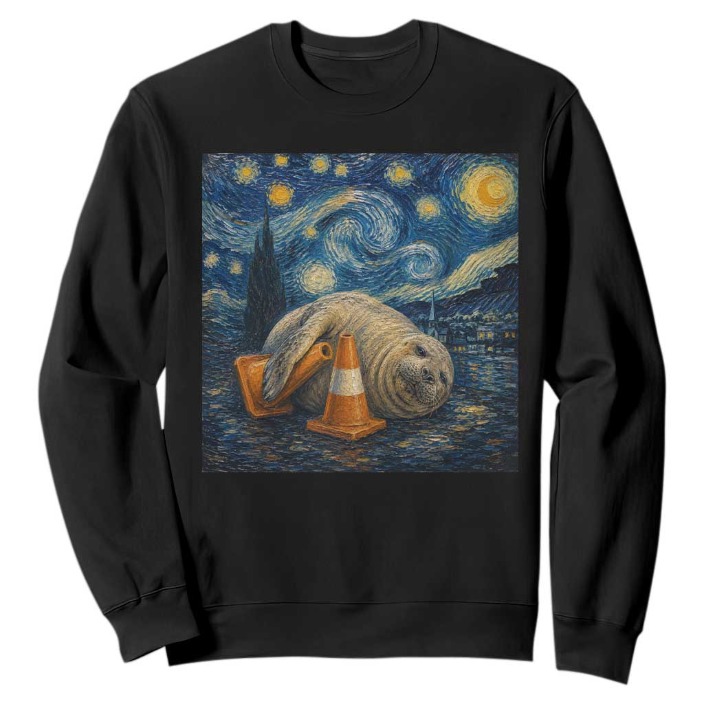 Funny Neil The Seal Starry Night Sweatshirt Van Gogh Art for Tasmania Seal Lovers TS11 Black Print Your Wear