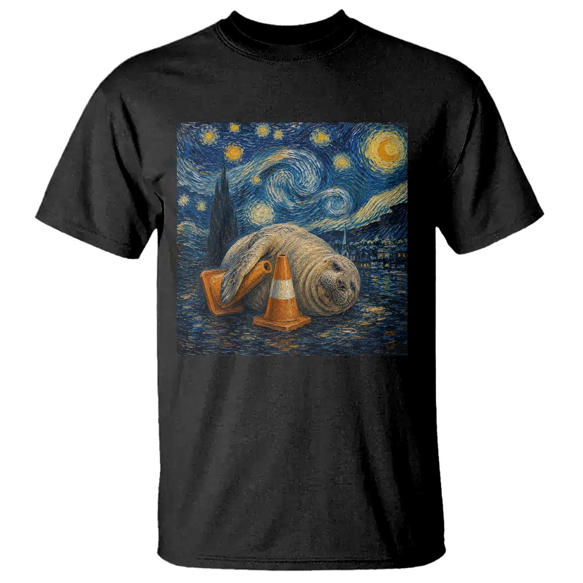 Funny Neil The Seal Starry Night T Shirt Van Gogh Art for Tasmania Seal Lovers TS11 Black Print Your Wear