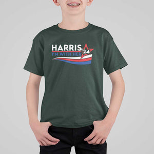 Kamala Supporter T Shirt For Kid Harris'24 I'm With Her American Flag Star TS11 Dark Forest Green Print Your Wear