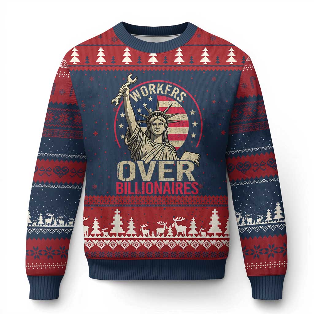 Workers Over Billionaires Ugly Christmas Sweater Social Justice Statue Of Liberty TS11 Navy Red Print Your Wear