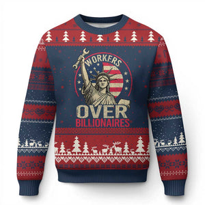 Workers Over Billionaires Ugly Christmas Sweater Social Justice Statue Of Liberty TS11 Navy Red Print Your Wear