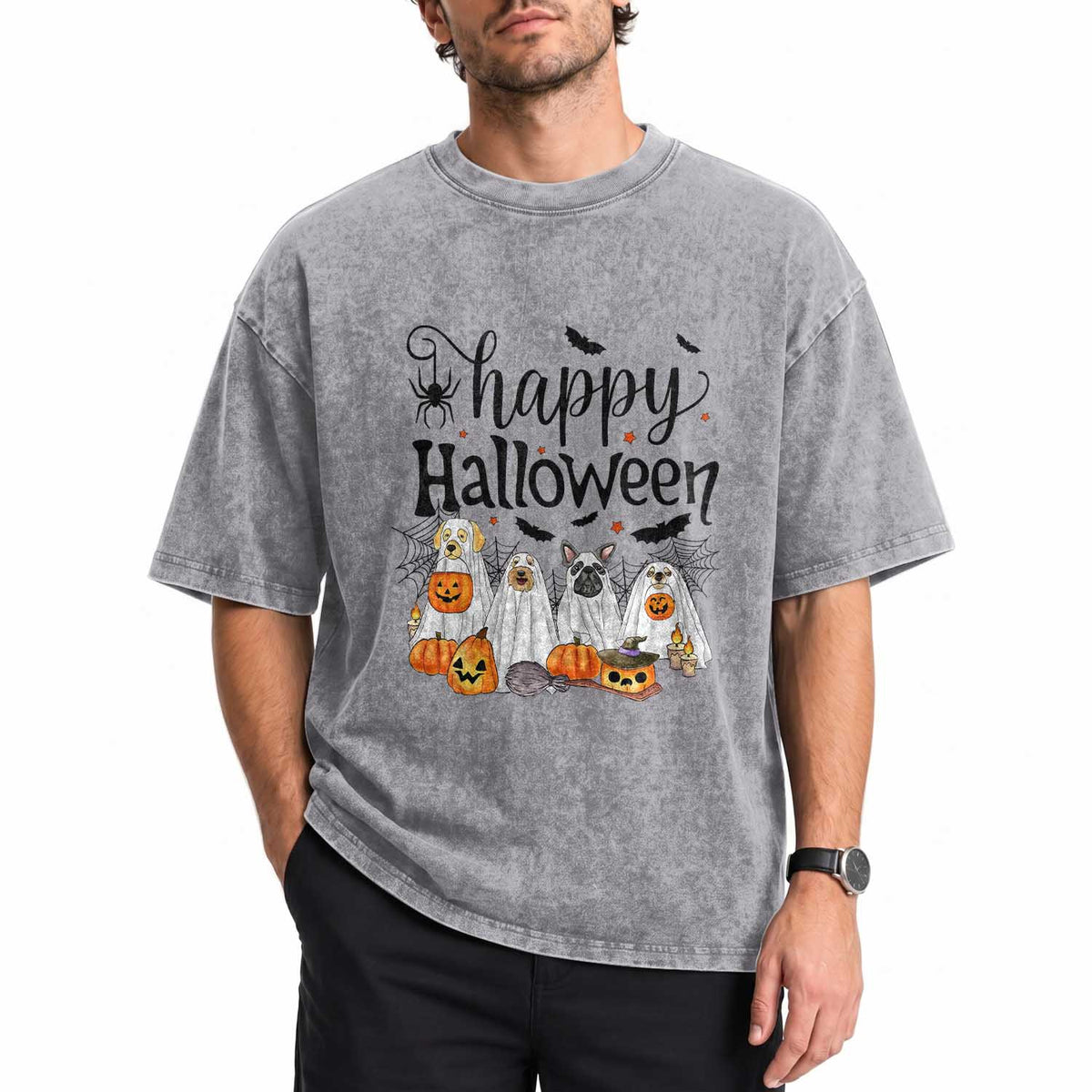 Happy Halloween Dog Ghost Spooky Season Washed Cotton T-Shirt
