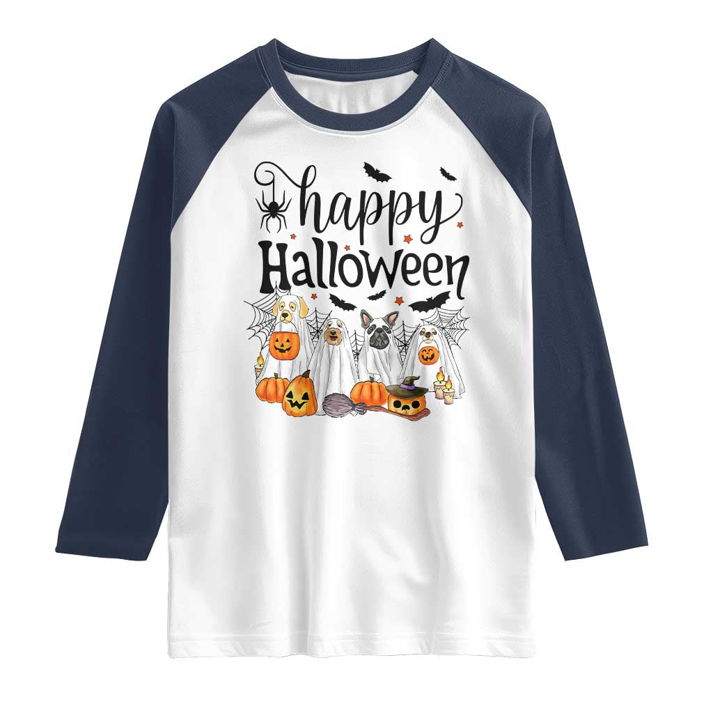 Happy Halloween Dog Ghost Spooky Season Raglan Shirt TS11 White Navy Print Your Wear