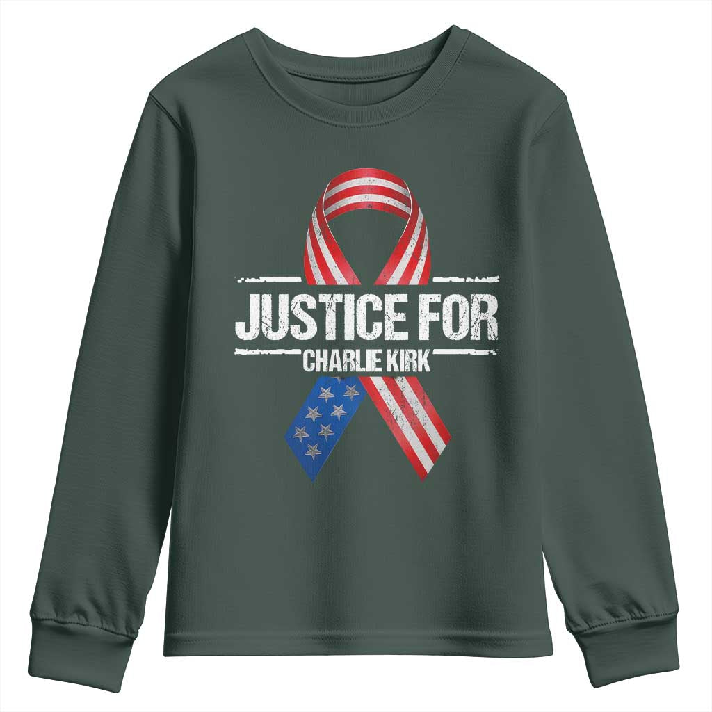 Justice For Charlie Kirk Youth Sweatshirt Patriotic Tribute Human Rights Activist TS11 Dark Forest Green Print Your Wear