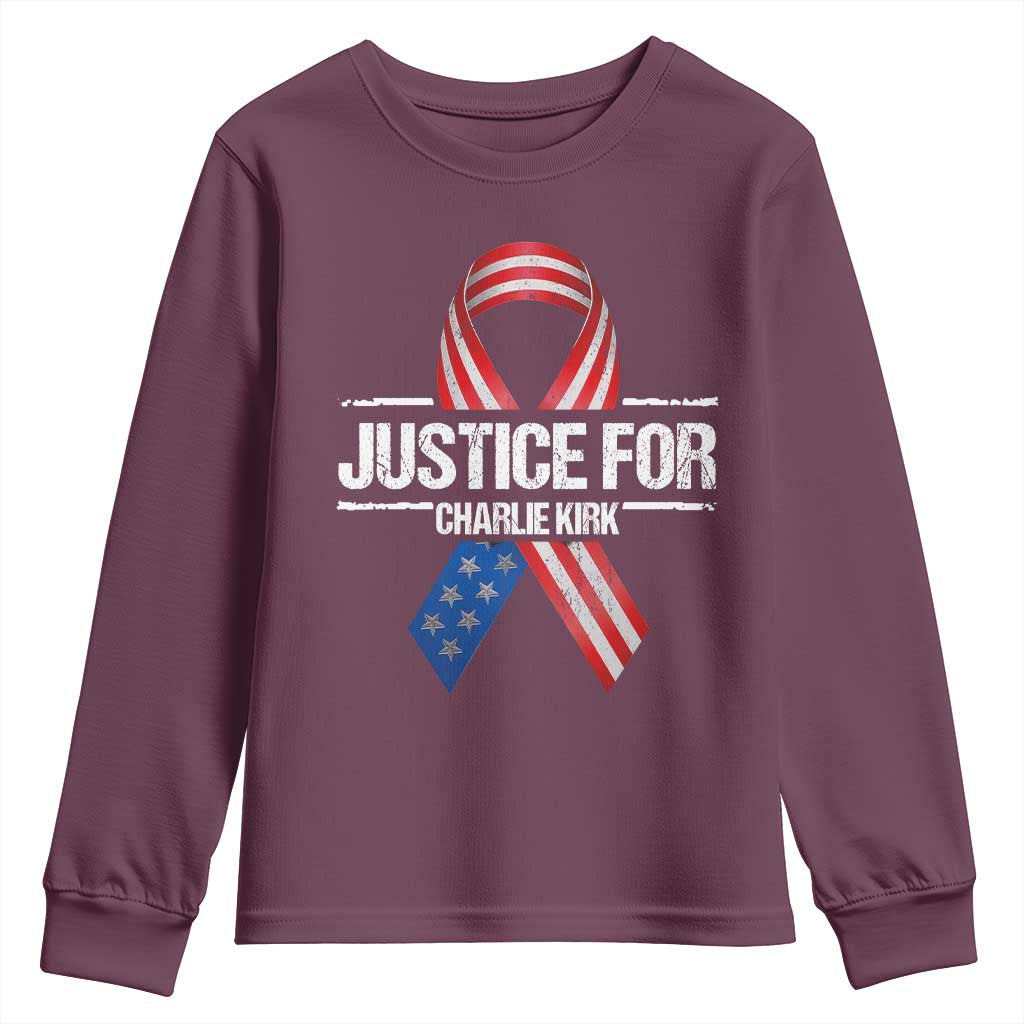 Justice For Charlie Kirk Youth Sweatshirt Patriotic Tribute Human Rights Activist TS11 Maroon Print Your Wear