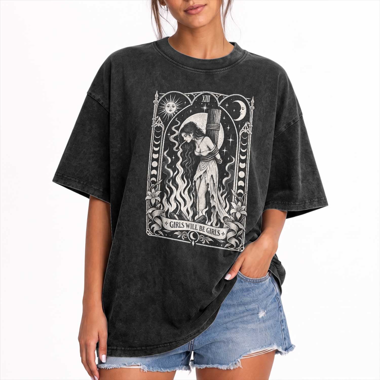 Girls Will Be Girls Witch Smoking Cigarette Washed Cotton T-Shirt Burning Girl Tarot Card
