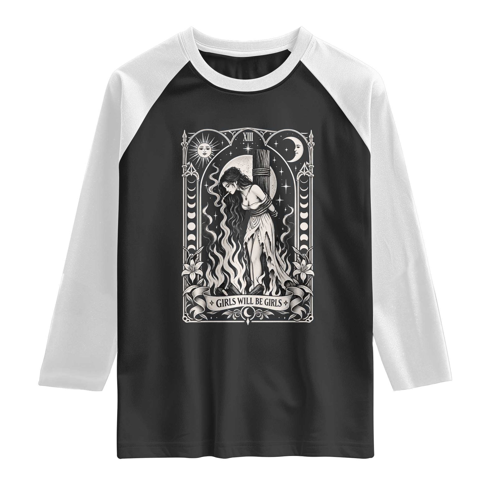 Girls Will Be Girls Witch Smoking Cigarette Raglan Shirt Burning Girl Tarot Card