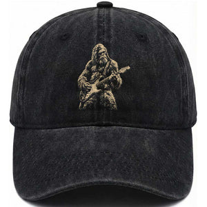 Vintage Bigfoot Playing Guitar Washed Cotton Baseball Cap Rock Music Band Sasquatch Lover