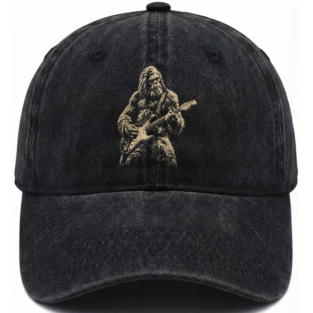 Vintage Bigfoot Playing Guitar Washed Cotton Baseball Cap Rock Music Band Sasquatch Lover