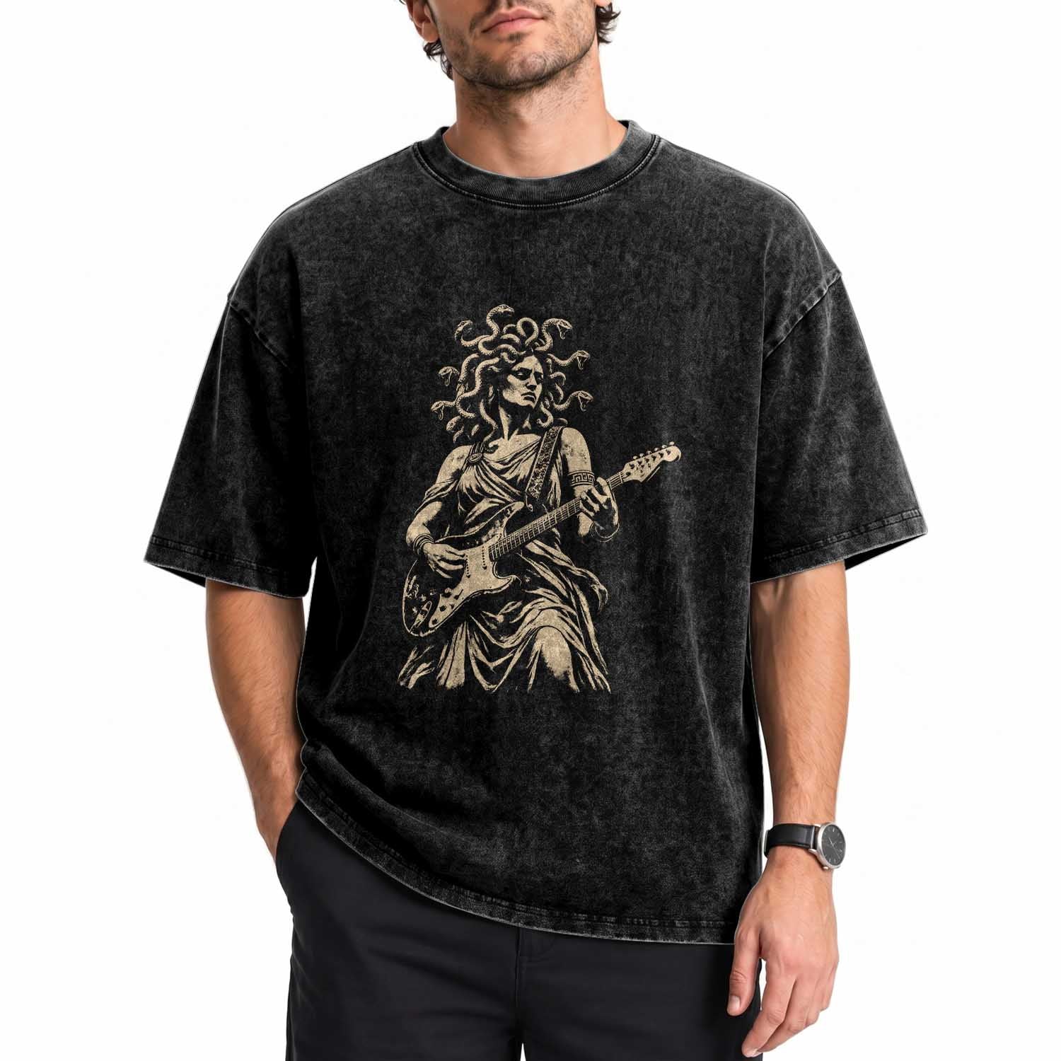Vintage Medusa Playing Guitar Halloween Greek Mythology Washed Cotton T-Shirt