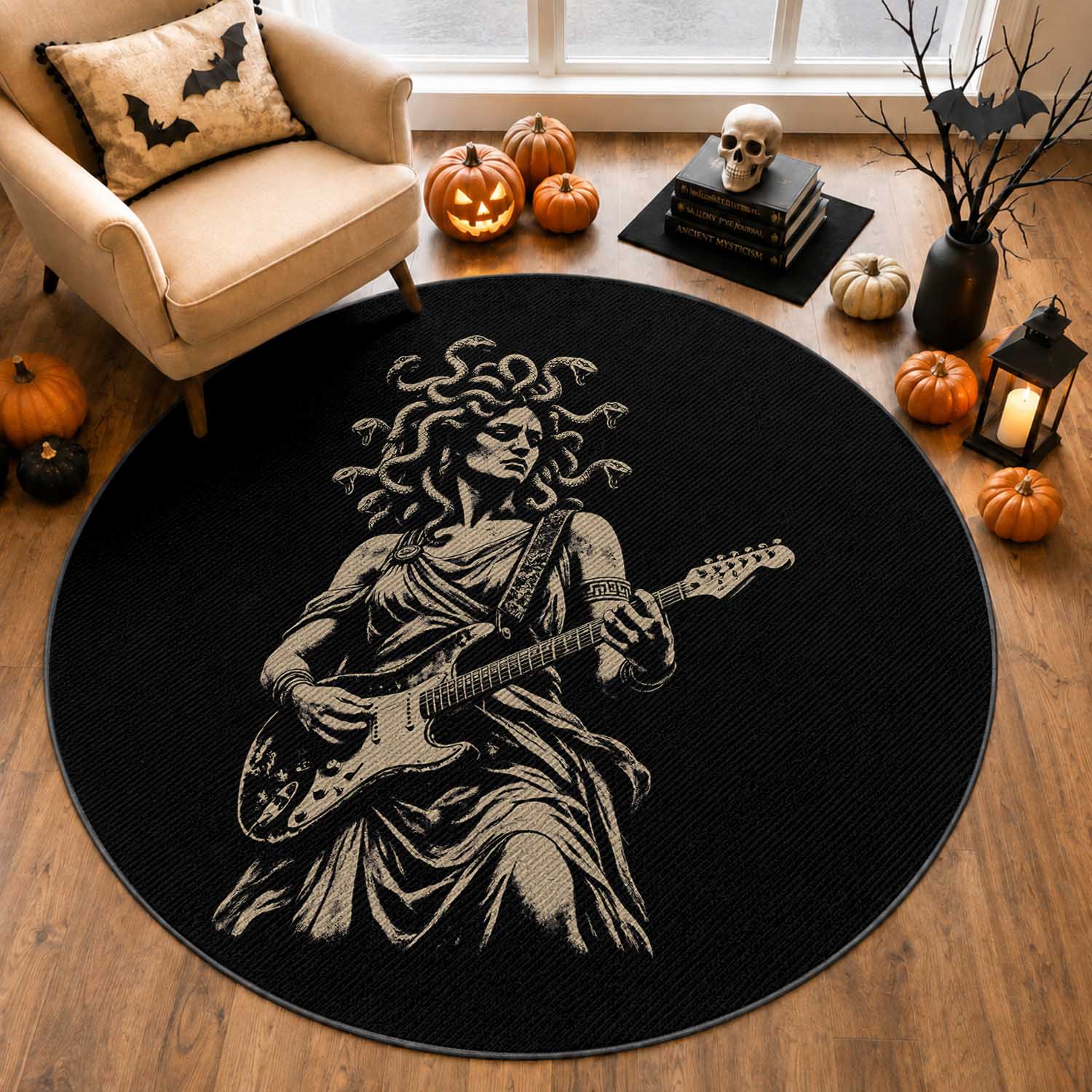 Vintage Medusa Playing Guitar Halloween Greek Mythology Round Rug