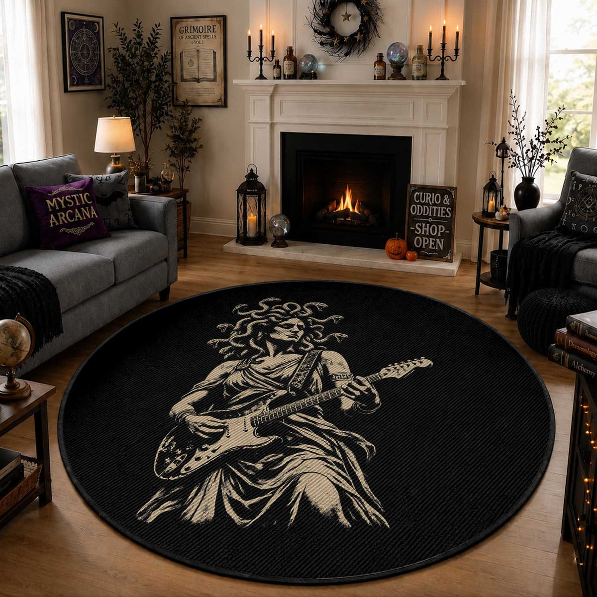 Vintage Medusa Playing Guitar Halloween Greek Mythology Round Rug