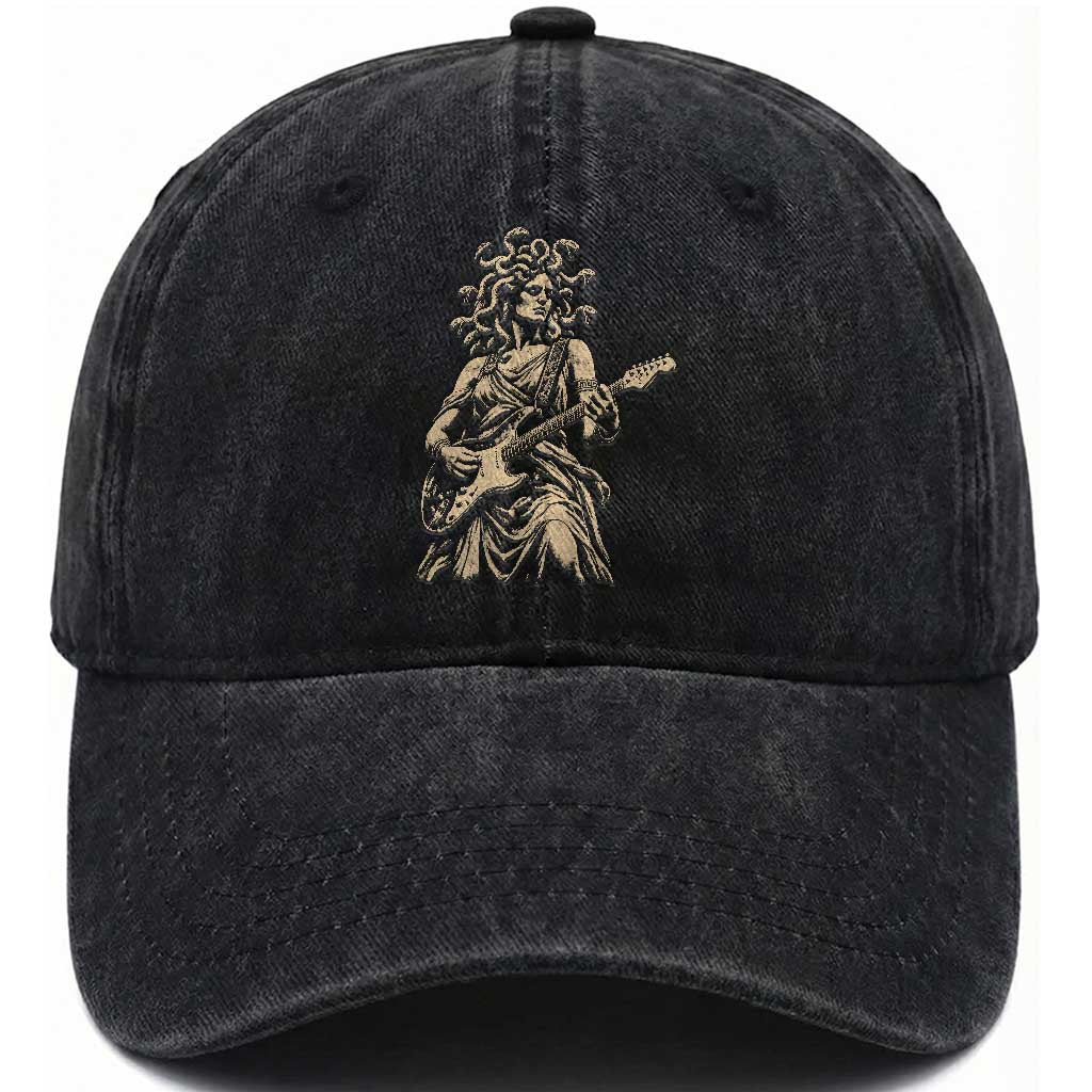 Vintage Medusa Playing Guitar Halloween Greek Mythology Washed Cotton Baseball Cap