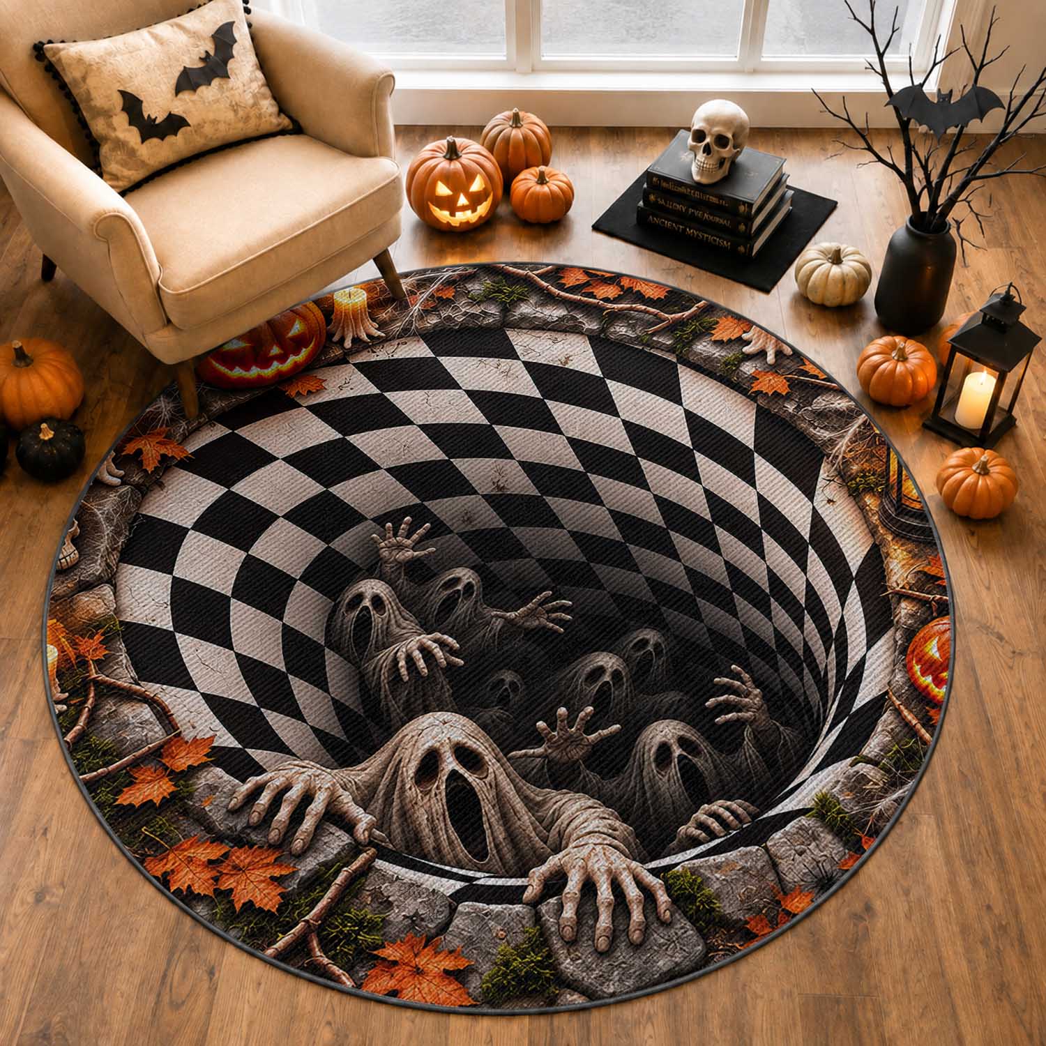 Horror Ghost Crawling Out 3D Halloween Optical Illusion Round Rug Gothic Checkerboard Vortex Graphic