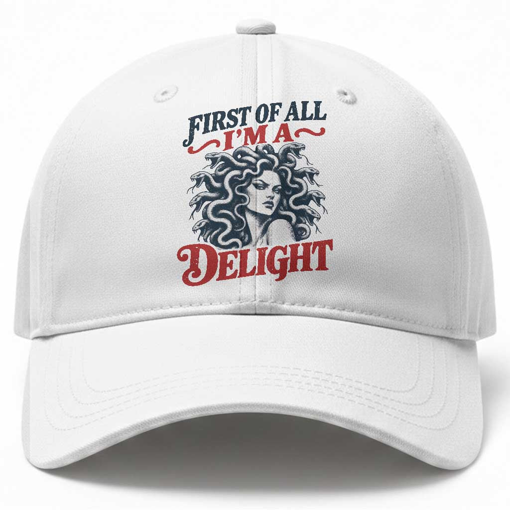 First of All I Am A Delight Funny Medusa Gorgon Baseball Cap Feminist Greek Mythology