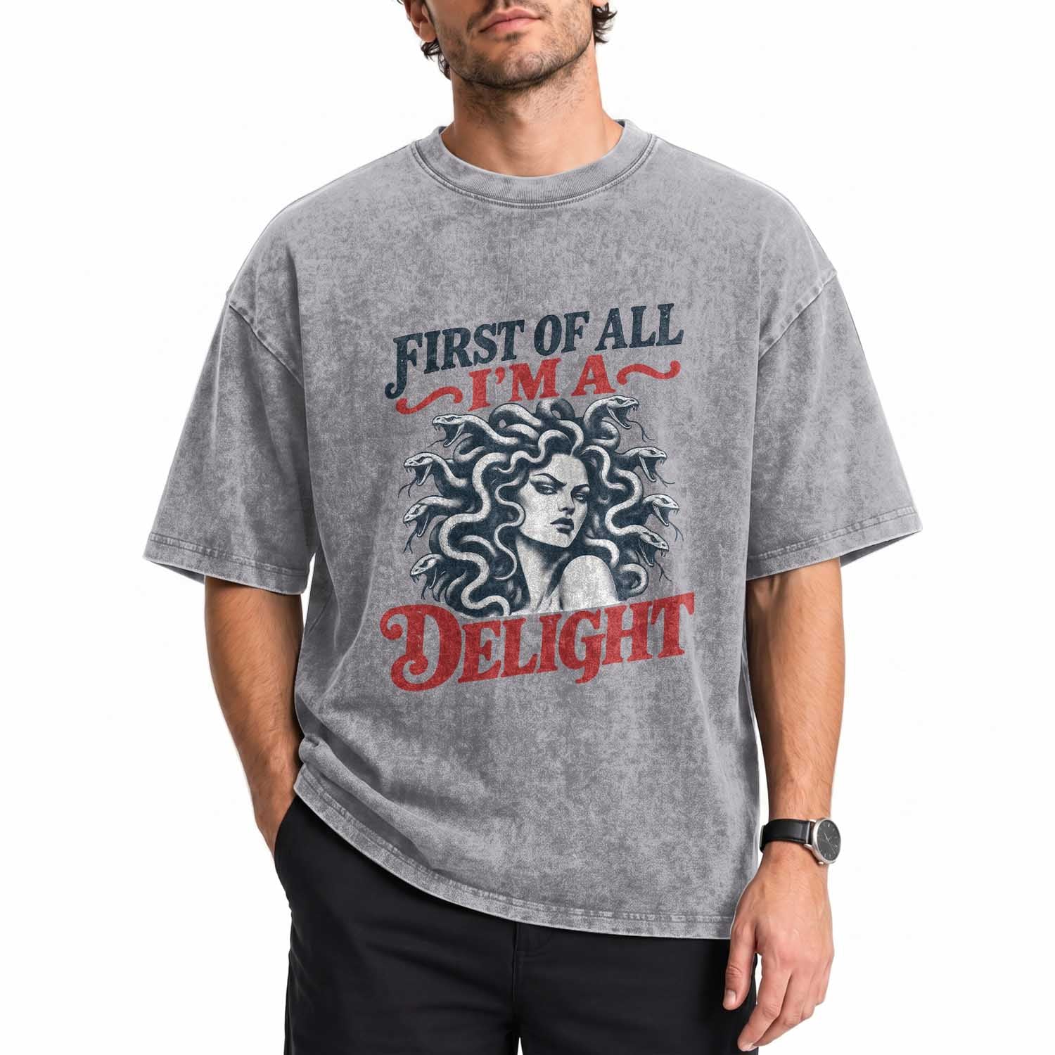 First of All I Am A Delight Funny Medusa Gorgon Washed Cotton T-Shirt Feminist Greek Mythology
