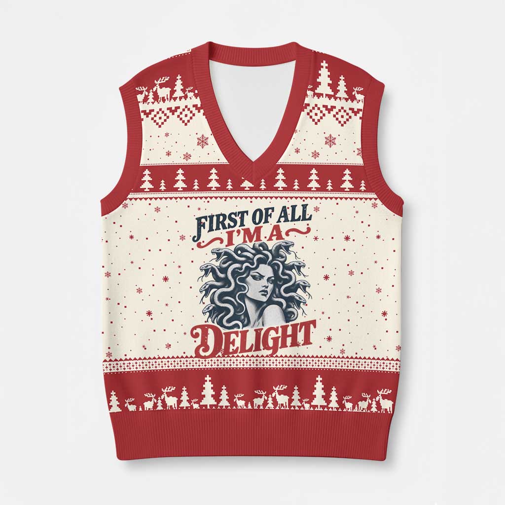 First of All I Am A Delight Funny Medusa Gorgon V-Neck Knit Sweater Vest Feminist Greek Mythology