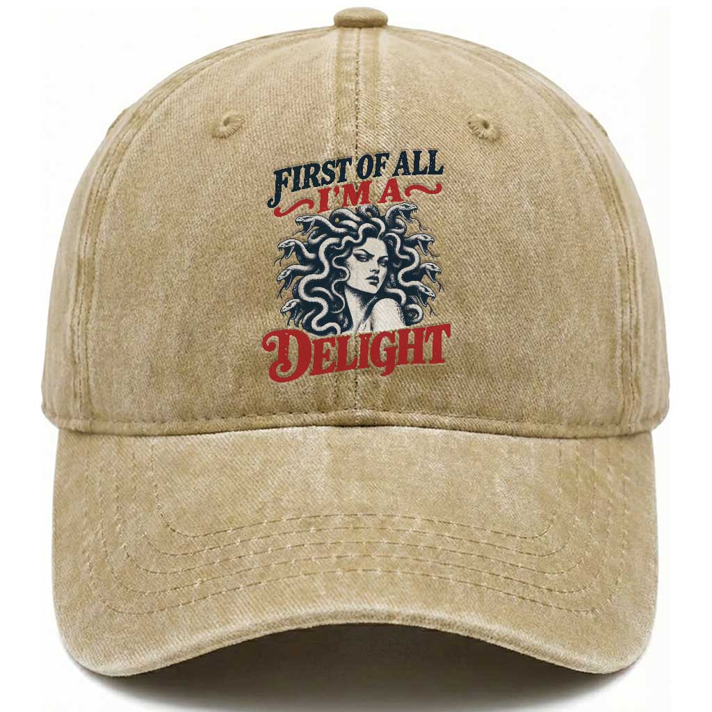 First of All I Am A Delight Funny Medusa Gorgon Washed Cotton Baseball Cap Feminist Greek Mythology
