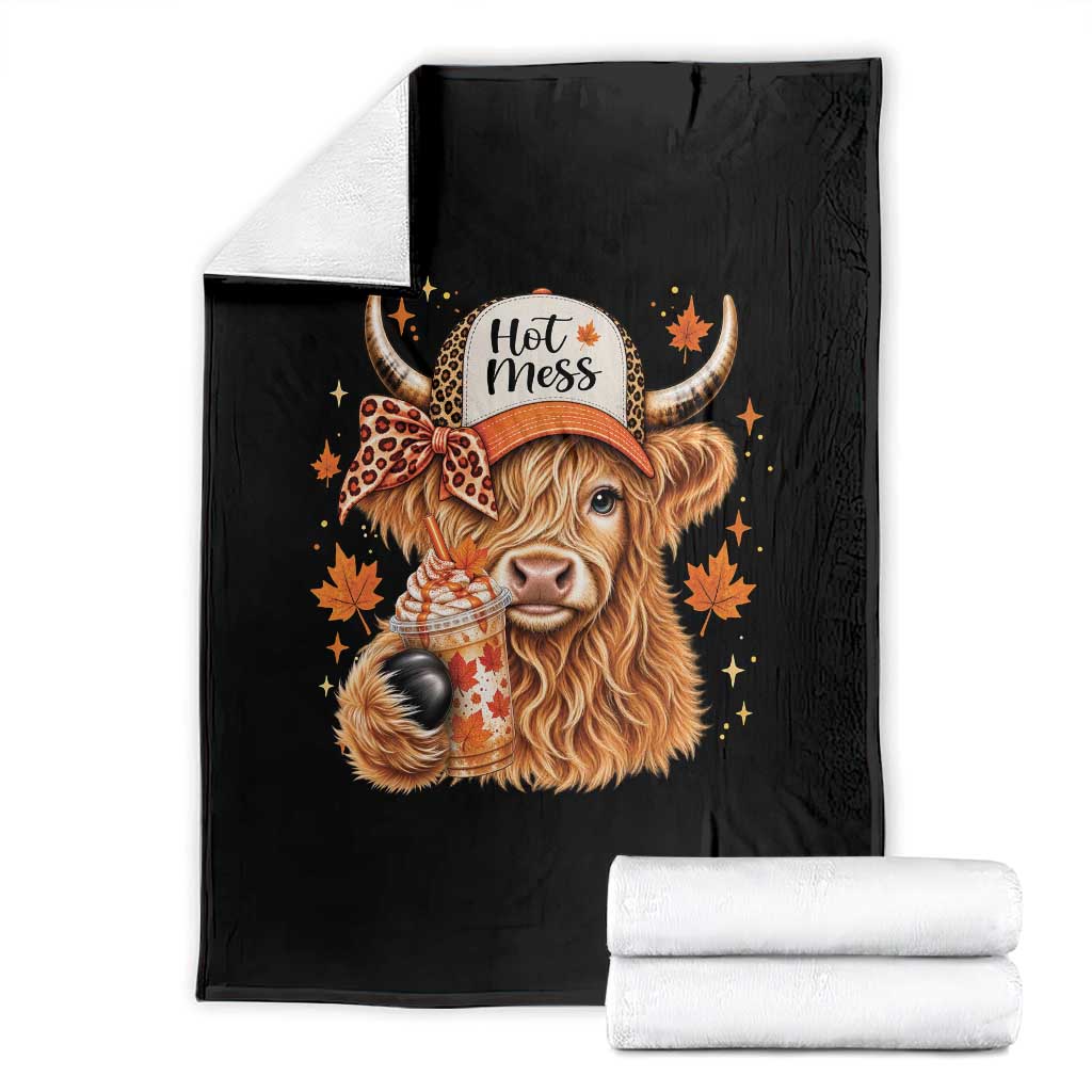 Hot Mess Fall Leopard Highland Cow Drinking Coffee Throw Blanket Autumn Farm Animal Lover