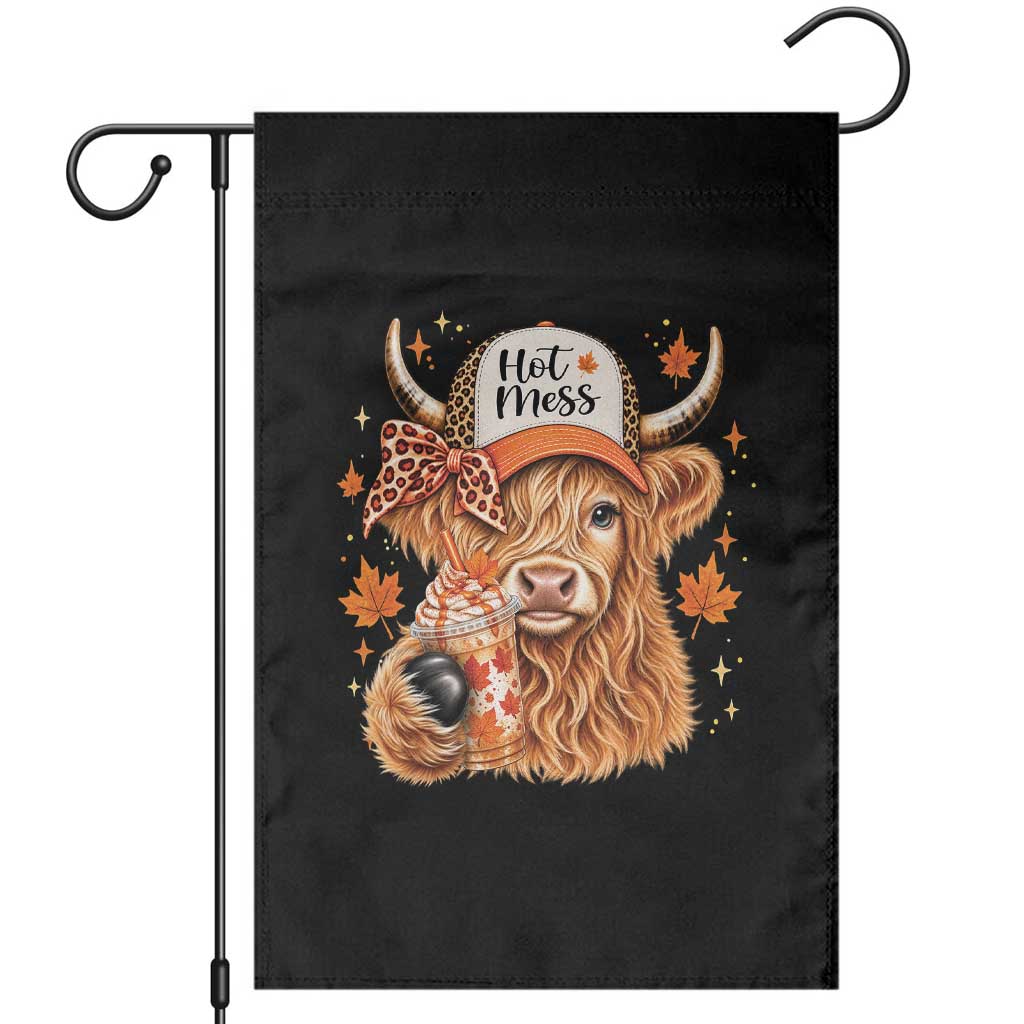 Hot Mess Fall Leopard Highland Cow Drinking Coffee Garden Flag Autumn Farm Animal Lover