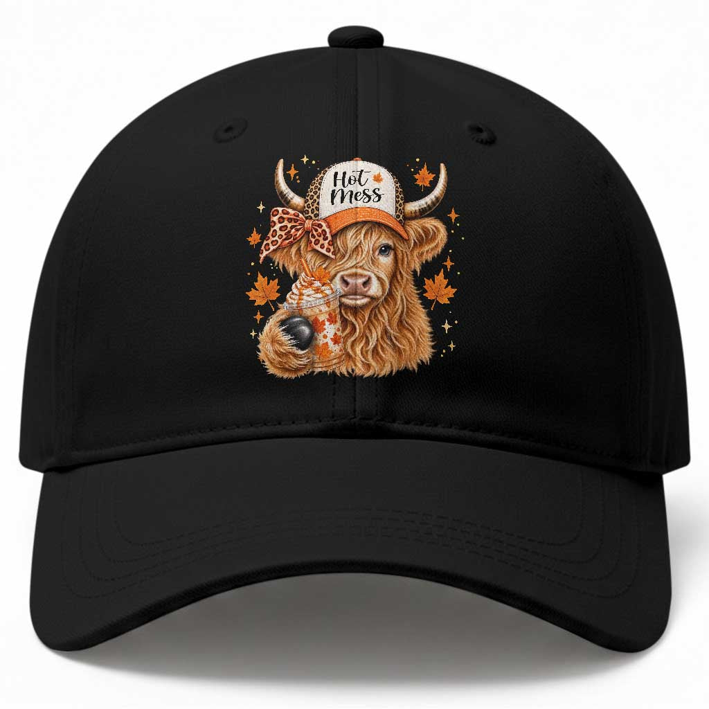 Hot Mess Fall Leopard Highland Cow Drinking Coffee Baseball Cap Autumn Farm Animal Lover