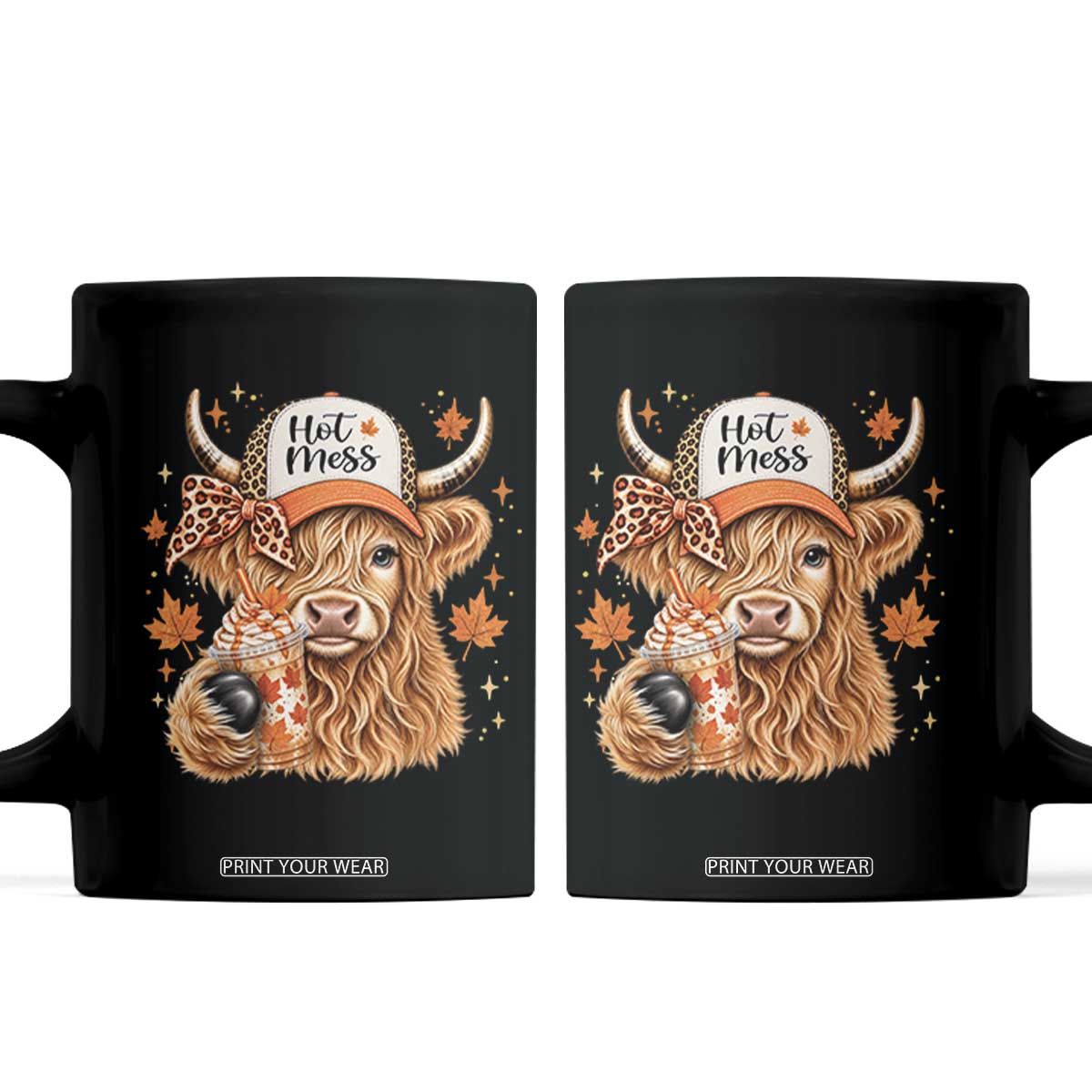 Hot Mess Fall Leopard Highland Cow Drinking Coffee Coffee Mug Autumn Farm Animal Lover