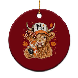 Hot Mess Fall Leopard Highland Cow Drinking Coffee Ceramic Ornament Autumn Farm Animal Lover