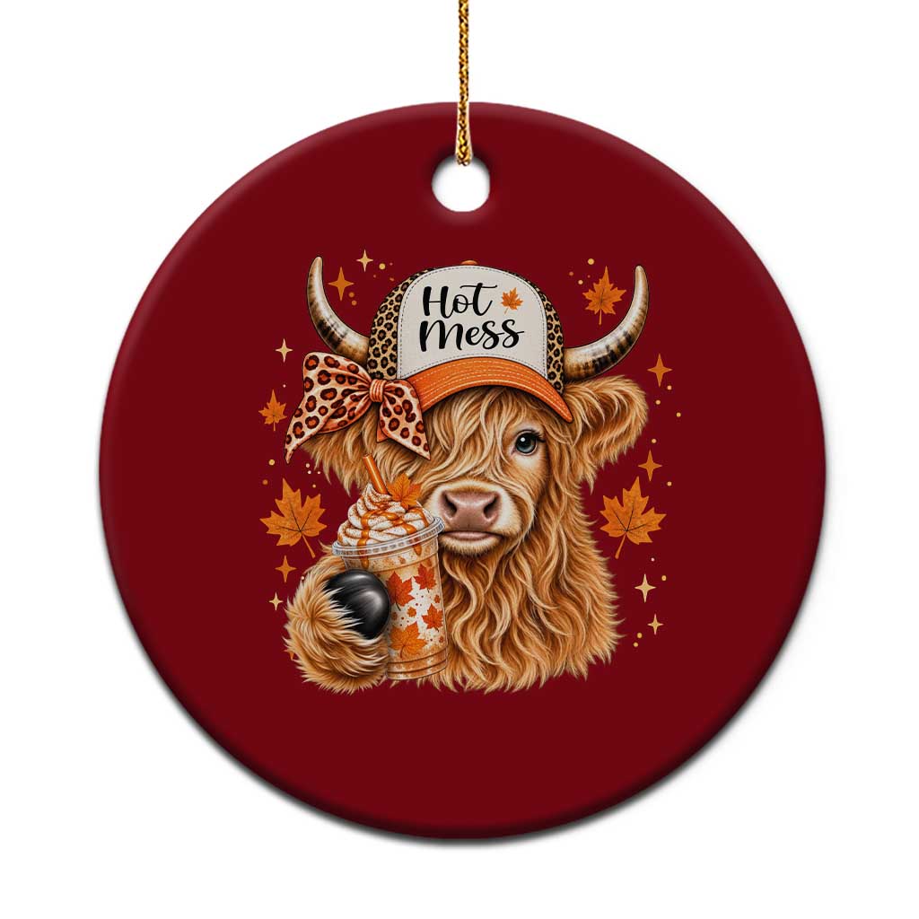Hot Mess Fall Leopard Highland Cow Drinking Coffee Ceramic Ornament Autumn Farm Animal Lover