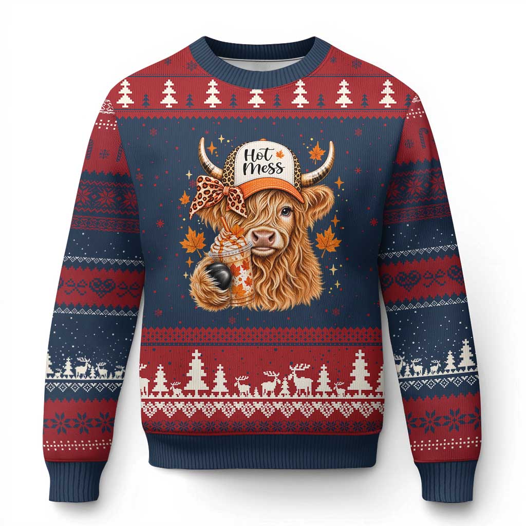 Hot Mess Fall Leopard Highland Cow Drinking Coffee Ugly Christmas Sweater Autumn Farm Animal Lover