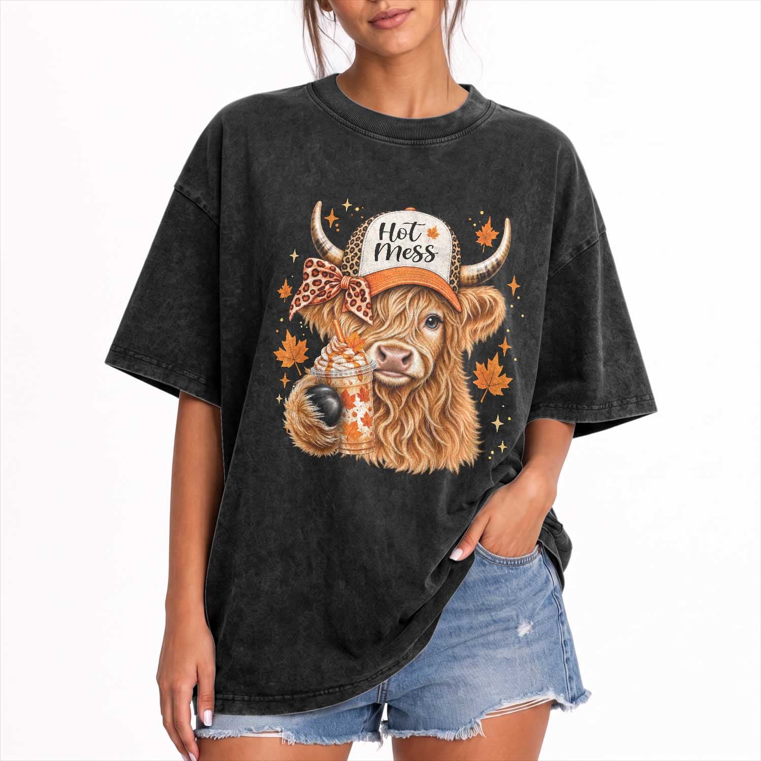 Hot Mess Fall Leopard Highland Cow Drinking Coffee Washed Cotton T-Shirt Autumn Farm Animal Lover