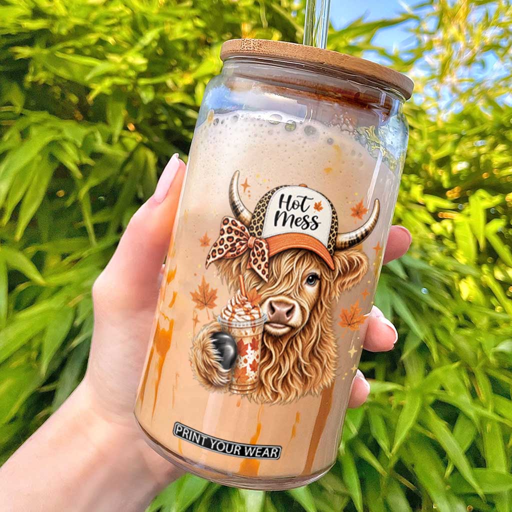 Hot Mess Fall Leopard Highland Cow Drinking Coffee Glass Can Autumn Farm Animal Lover