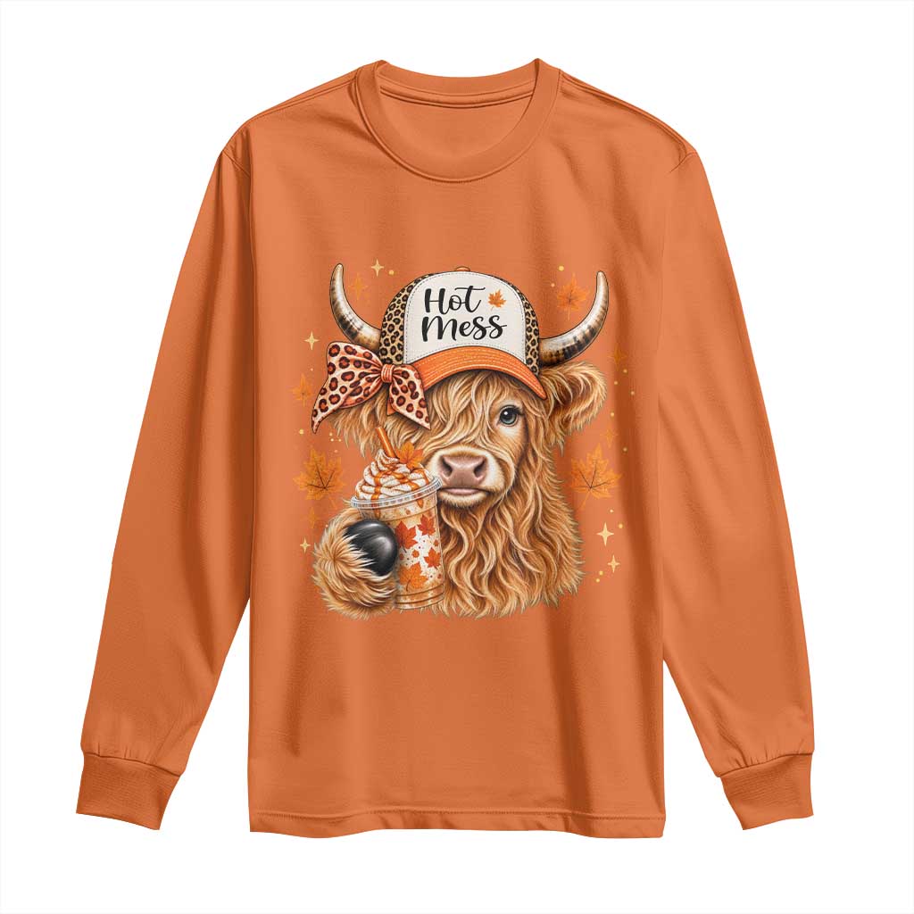 Hot Mess Fall Leopard Highland Cow Drinking Coffee Long Sleeve Shirt Autumn Farm Animal Lover