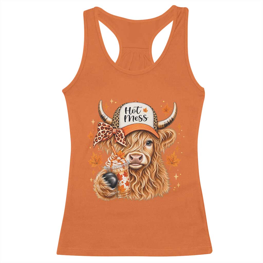 Hot Mess Fall Leopard Highland Cow Drinking Coffee Racerback Tank Top Autumn Farm Animal Lover