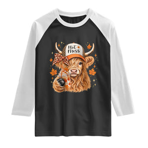 Hot Mess Fall Leopard Highland Cow Drinking Coffee Raglan Shirt Autumn Farm Animal Lover