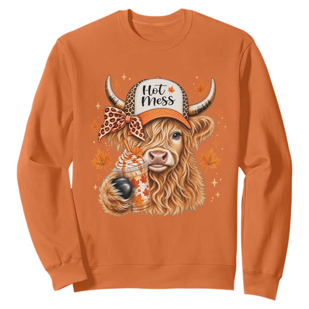 Hot Mess Fall Leopard Highland Cow Drinking Coffee Sweatshirt Autumn Farm Animal Lover