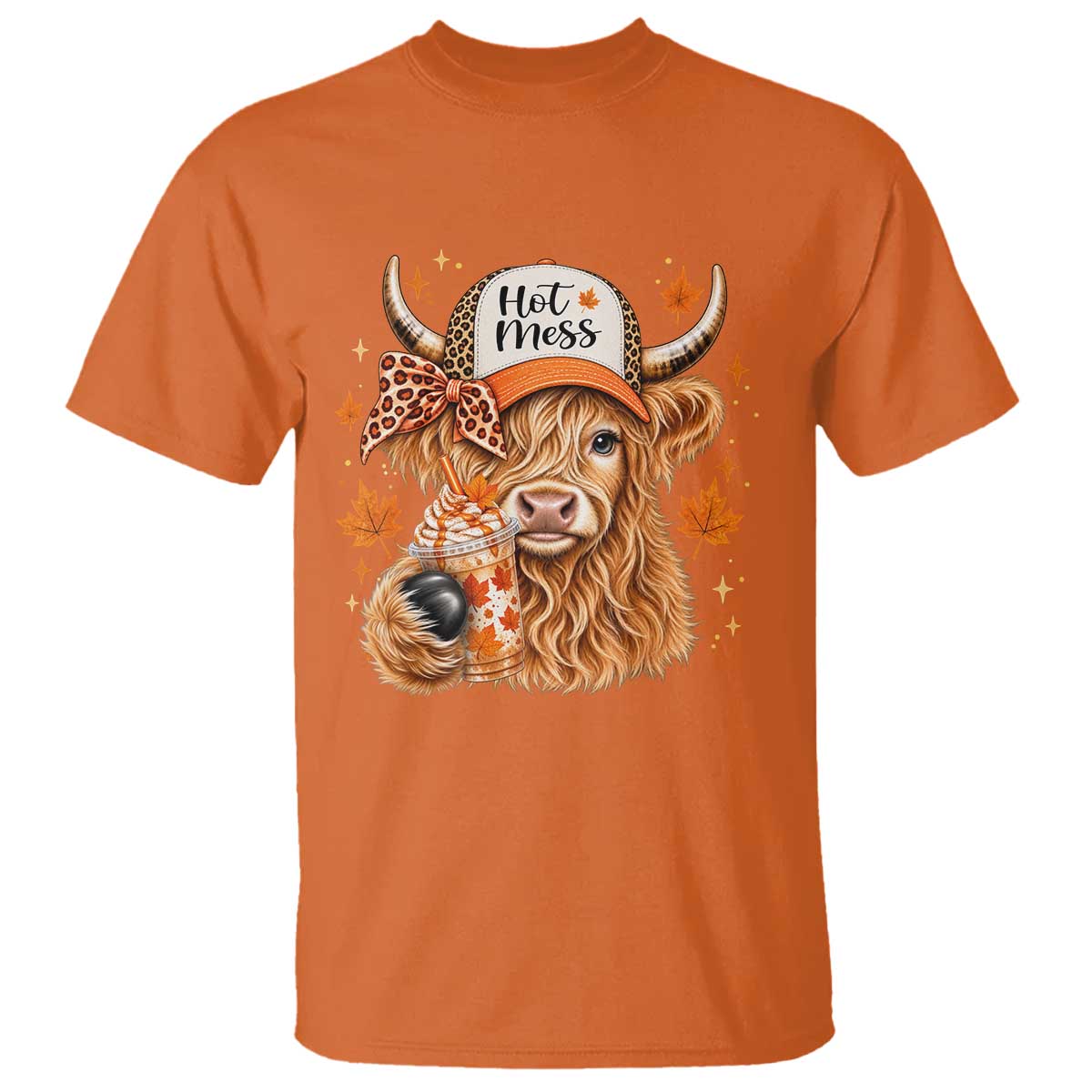 Hot Mess Fall Leopard Highland Cow Drinking Coffee T Shirt Autumn Farm Animal Lover
