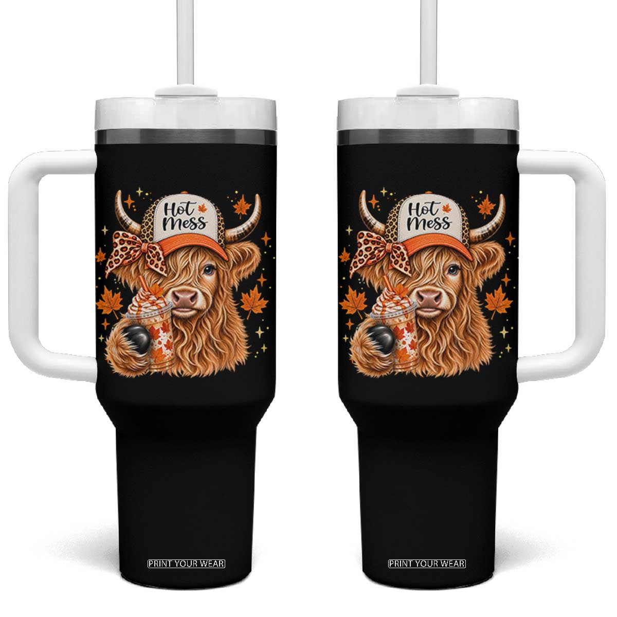 Hot Mess Fall Leopard Highland Cow Drinking Coffee Tumbler With Handle Autumn Farm Animal Lover