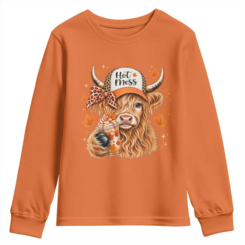 Hot Mess Fall Leopard Highland Cow Drinking Coffee Youth Sweatshirt Autumn Farm Animal Lover
