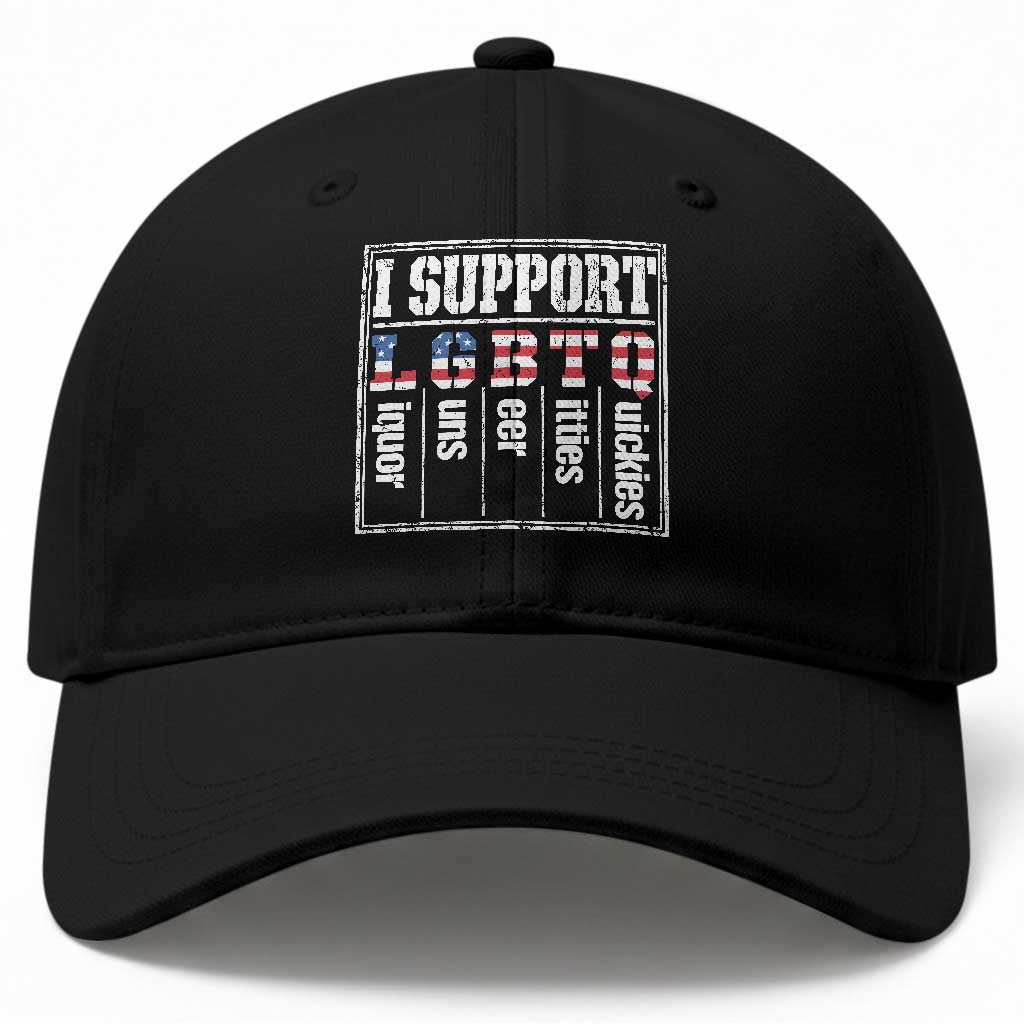 Funny I Support LGBTQ Liquor Guns Beer Titties Quickies Baseball Cap Vintage American Flag