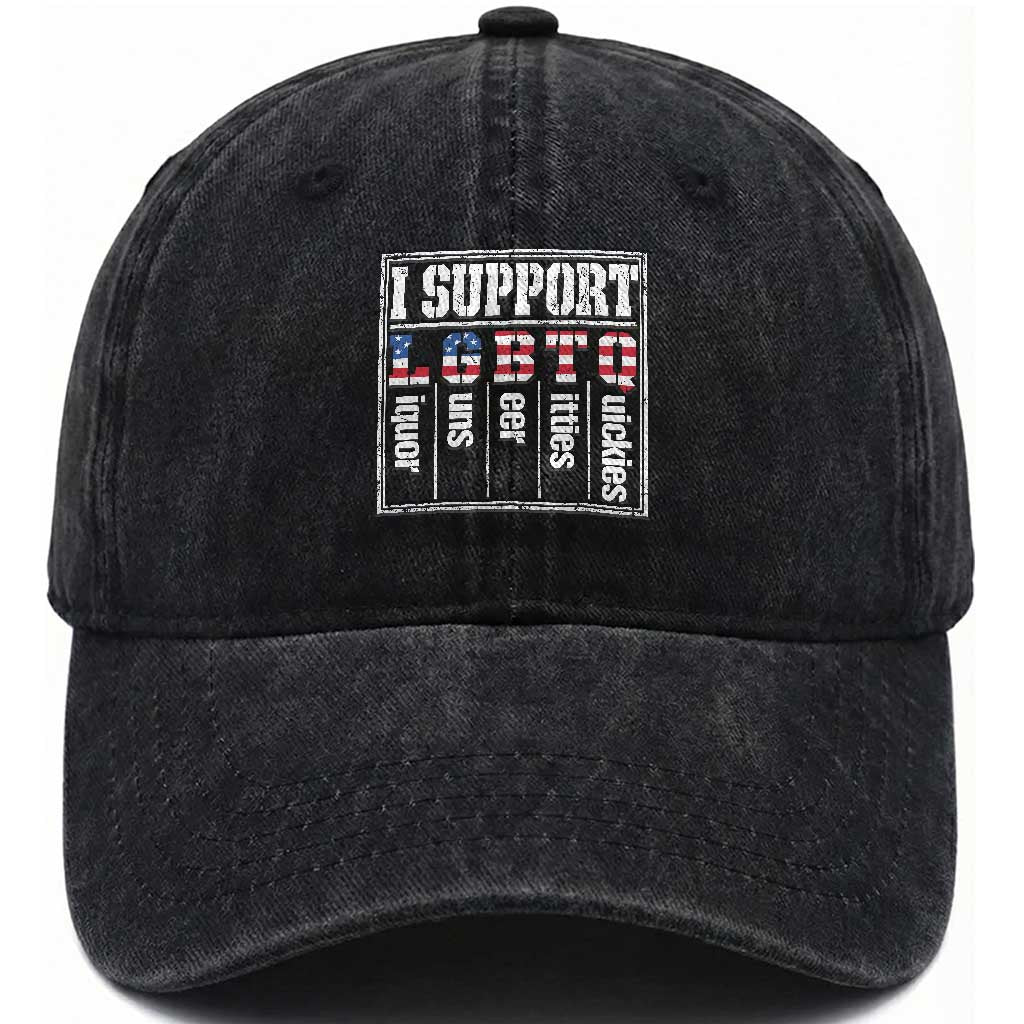 Funny I Support LGBTQ Liquor Guns Beer Titties Quickies Washed Cotton Baseball Cap Vintage American Flag