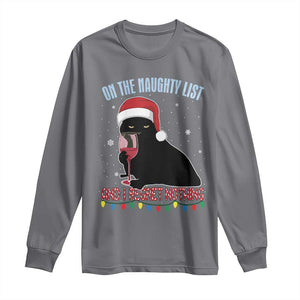 Funny Christmas Black Cat Long Sleeve Shirt On The Naughty List And I Regret Nothing Candy Cane TS11 Charcoal Print Your Wear