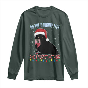 Funny Christmas Black Cat Long Sleeve Shirt On The Naughty List And I Regret Nothing Candy Cane TS11 Dark Forest Green Print Your Wear