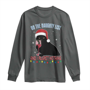 Funny Christmas Black Cat Long Sleeve Shirt On The Naughty List And I Regret Nothing Candy Cane TS11 Dark Heather Print Your Wear