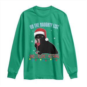 Funny Christmas Black Cat Long Sleeve Shirt On The Naughty List And I Regret Nothing Candy Cane TS11 Irish Green Print Your Wear