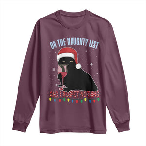 Funny Christmas Black Cat Long Sleeve Shirt On The Naughty List And I Regret Nothing Candy Cane TS11 Maroon Print Your Wear