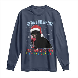 Funny Christmas Black Cat Long Sleeve Shirt On The Naughty List And I Regret Nothing Candy Cane TS11 Navy Print Your Wear