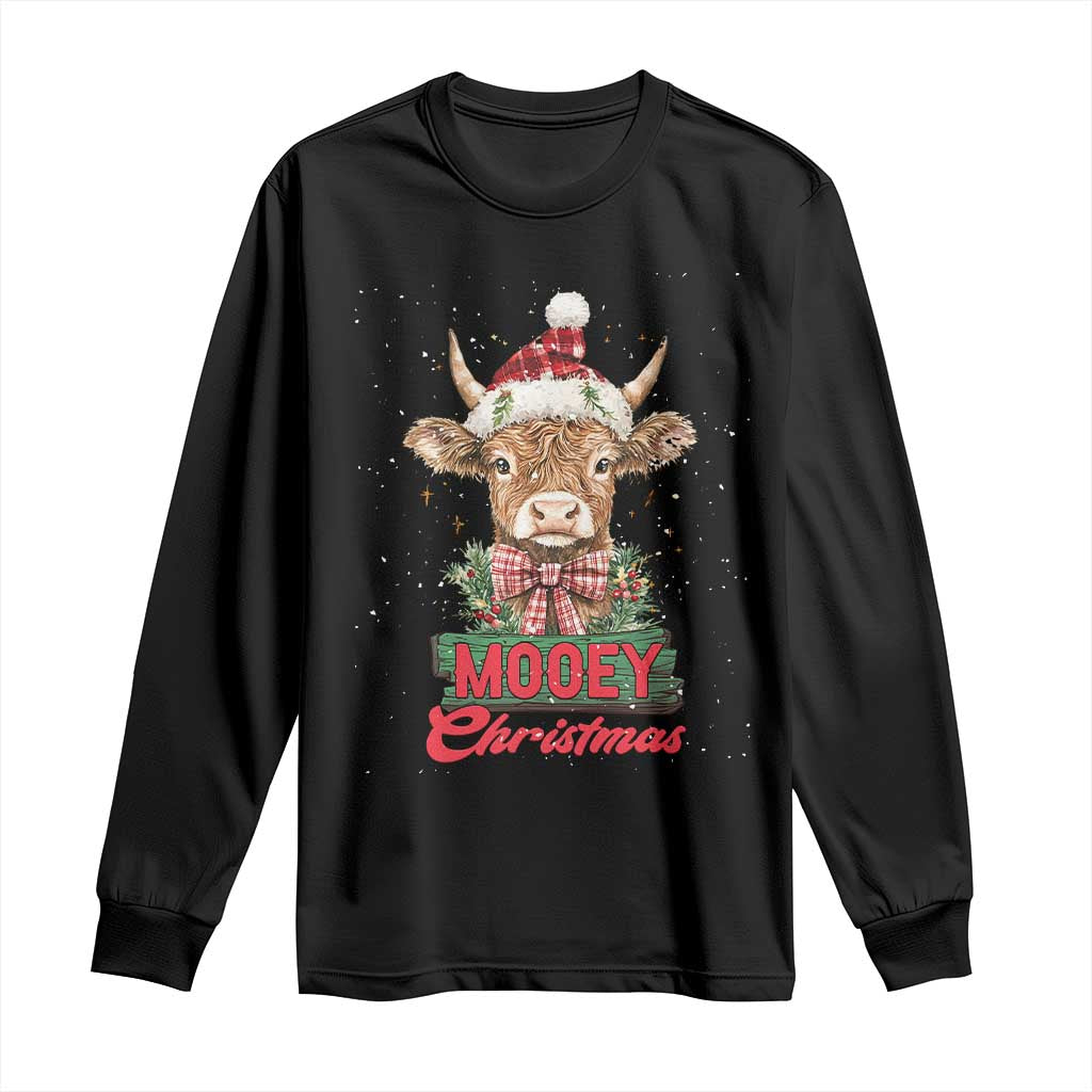 Funny Christmas Highland Cow Long Sleeve Shirt Mooey Christmas Western Cow Santa Hat TS11 Black Print Your Wear