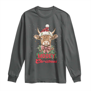 Funny Christmas Highland Cow Long Sleeve Shirt Mooey Christmas Western Cow Santa Hat TS11 Dark Heather Print Your Wear