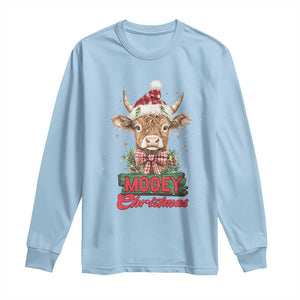 Funny Christmas Highland Cow Long Sleeve Shirt Mooey Christmas Western Cow Santa Hat TS11 Light Blue Print Your Wear